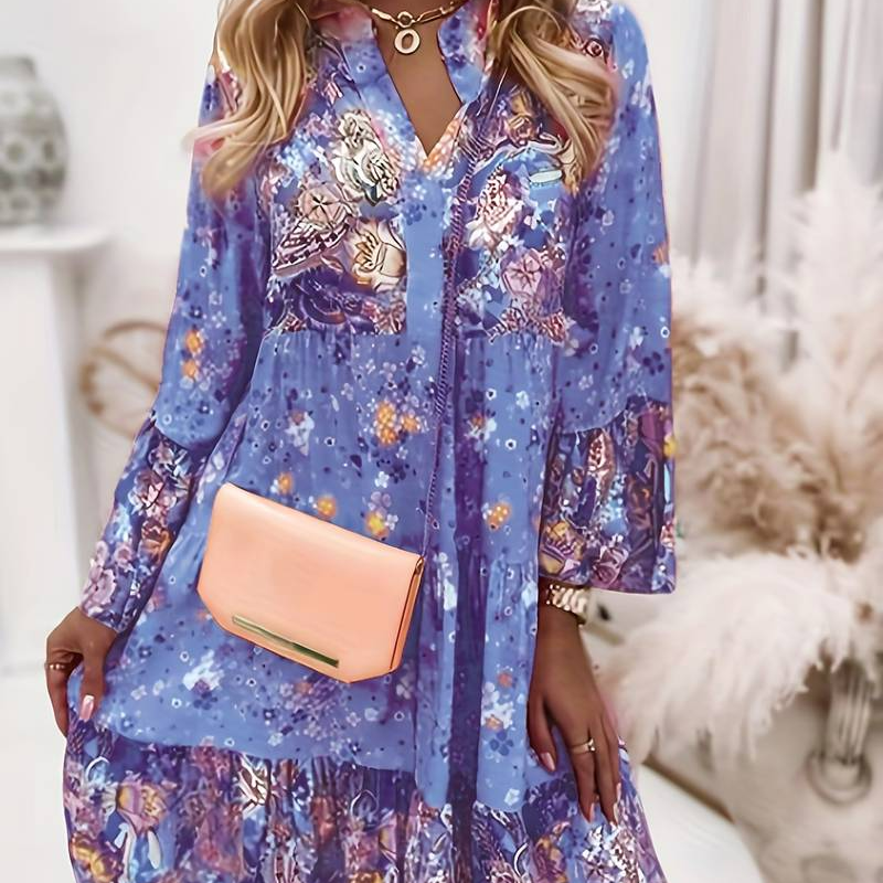 Floral Print Tiered Mini Dress with V-Neck and Ruffle Sleeves