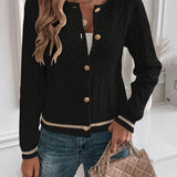 Button Front Cable Knit Cardigan with Ribbed Trim