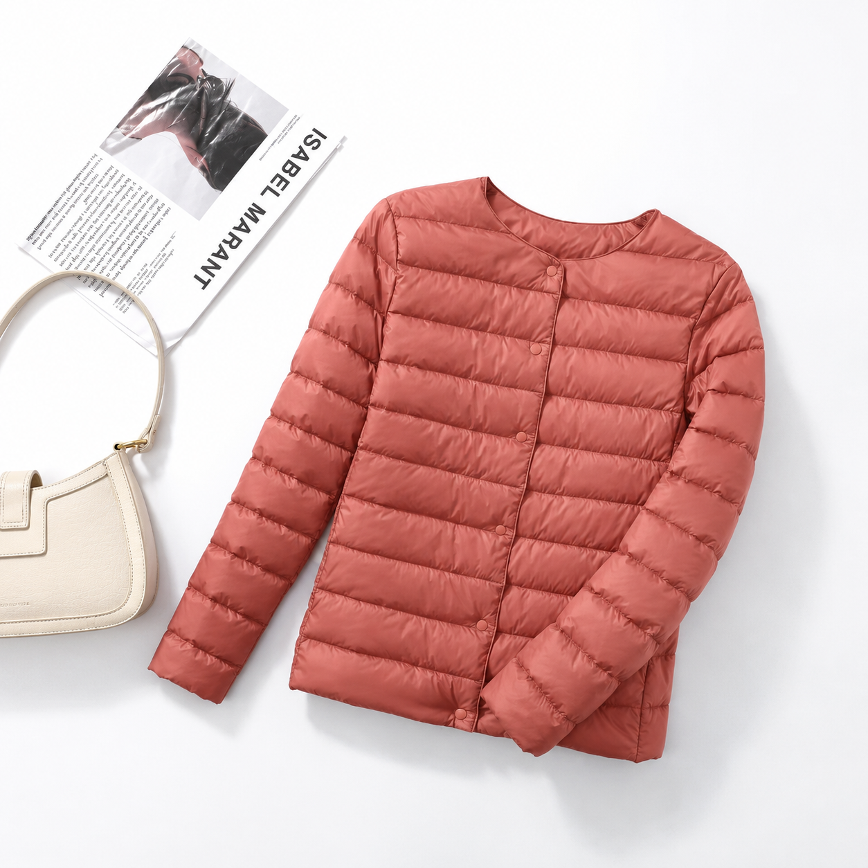 Quilted Puffer Jacket with Snap Button and Round Neck