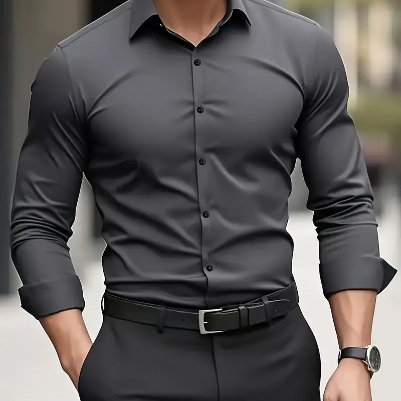 Slim Fit Button Up Shirt with Spread Collar and Long Sleeves