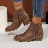 Laser Cut Ankle Boots with Side Zipper and Block Heel