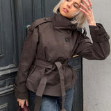 Women's Short Jacket with Stand Collar and Belted Waist