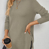 Long Sweater with Side Slits and Long Sleeves