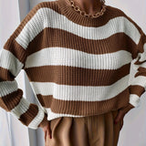 Oversized Chunky Knit Striped Sweater with Round Neck