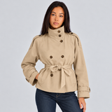 Women's Short Jacket with Stand Collar and Belted Waist