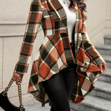 Plaid Blazer with High Low Hem and Single Button Closure