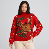 Women's Christmas Sweater with Reindeer Print and Turtleneck