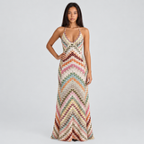 Crochet Knit Halter Maxi Dress with V-Neck