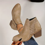 Laser Cut Ankle Boots with Side Zipper and Block Heel