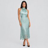 Halter Neck Midi Dress with Ruched Waist and Cutout Skirt