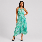 Halter Floral Pleated Maxi Dress with Ruched Waist