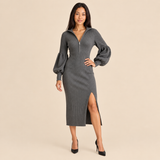 Women's Long Sleeve Midi Dress with V Neck Bishop Sleeves and Fitted Waist