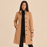 Women's Long Coat with Stand Collar and Button Front