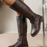 Knee-High Riding Boots with Buckle Strap and Side Zip