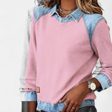 Denim Collar Knit Sweatshirt with Crew Neck