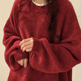 Oversized Round Neck Sweater with Balloon Sleeves and Ribbed Cuff