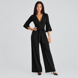 Wrap Wide-Leg Jumpsuit with Flared Sleeves