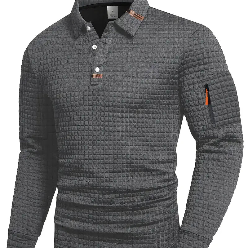 Textured Polo Sweater with Half Button and Zip Pocket