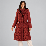 Long Hooded Puffer Coat with Quilted Pattern and Cinched Waist