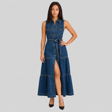 Belted Denim Maxi Dress with Button Front and Tiered Skirt