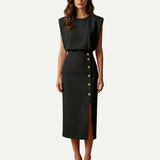Sleeveless Midi Dress with Button Detail and Front Slit