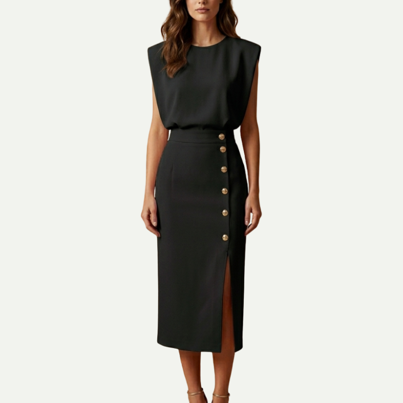 Sleeveless Midi Dress with Button Detail and Front Slit