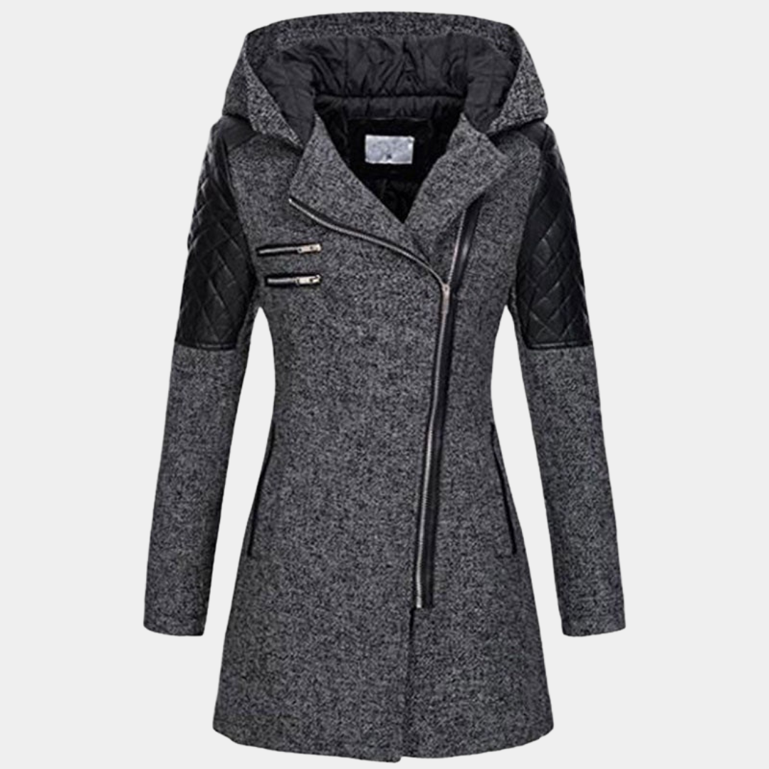 Hooded Coat with Asymmetric Zip and Quilted Sleeve