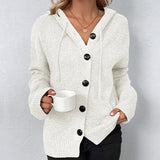 Hooded Button-Front Knit Cardigan with Drawstring