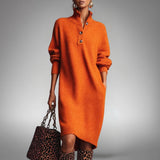 Oversized Knit Polo Midi Dress with High Neck