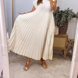 Pleated Maxi Dress with Crew Neck and Cap Sleeves