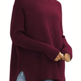 Oversized Turtleneck Knit Sweater for Women – Ribbed Long Sleeve Pullover with Side Slits for Casual Wear