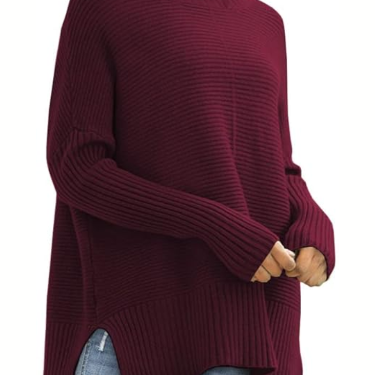 Oversized Turtleneck Knit Sweater for Women – Ribbed Long Sleeve Pullover with Side Slits for Casual Wear