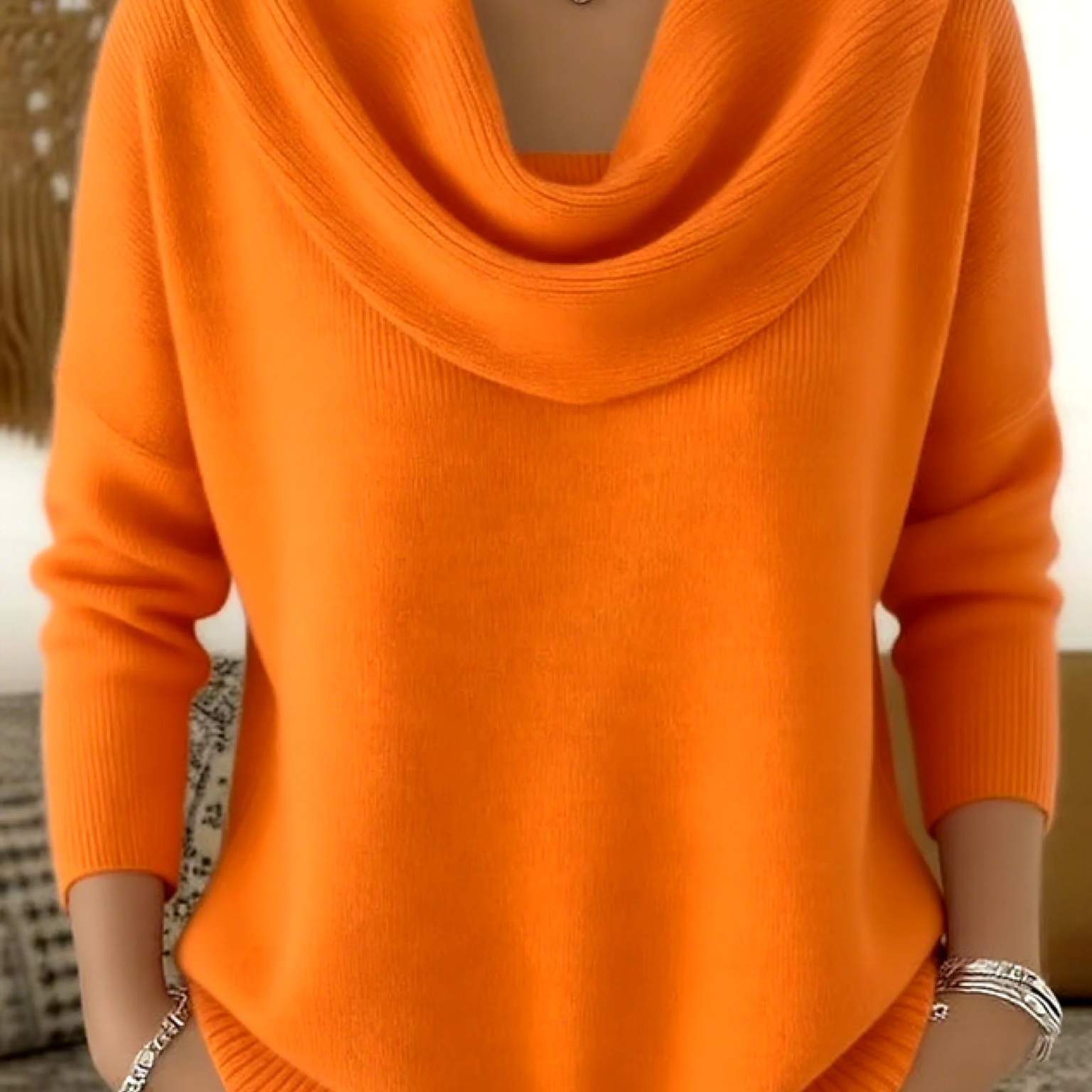 Ribbed Cowl Neck Long-Sleeve Sweater