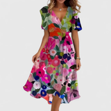 A-Line Floral Wrap Midi Dress with Ruffle Sleeves