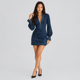 Party Dresses for Women – Embroidered Mini Dress with Long Sleeves and Front Zipper