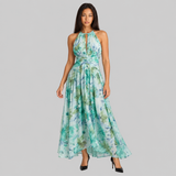Floral Halter Maxi Dress with Keyhole and Ruched Waist