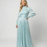 Pleated Maxi Dress with Mock Neck and Ruched Waist