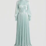 Pleated Maxi Dress with Mock Neck and Ruched Waist