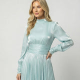 Pleated Maxi Dress with Mock Neck and Ruched Waist