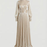 Pleated Maxi Dress with Mock Neck and Ruched Waist