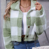 Cropped Plaid Fleece Jacket with Button Front