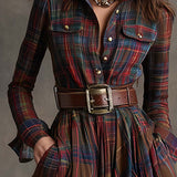 Belted Plaid Maxi Shirt Dress with Collar and Button Front