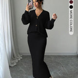 Ribbed Knit Cardigan and Maxi Skirt Set