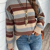 Striped Knit Sweater with Round Neck and Ribbed Cuff