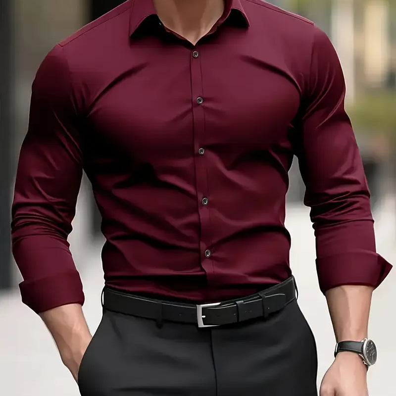 Slim Fit Button Up Shirt with Spread Collar and Long Sleeves