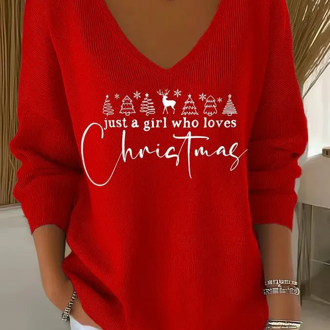 Christmas Sweater for Women V Neck Knit Pullover with Christmas Tree Print and Long Sleeves for Holiday Season