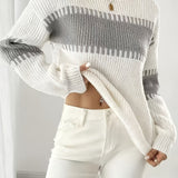 Two Tone Ribbed Knit Sweater with Balloon Sleeves and Ribbed Cuff