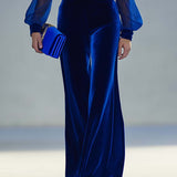 Wide-Leg Velvet Jumpsuit with V-Neck and Mesh Sleeves