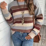 Striped Knit Sweater with Round Neck and Ribbed Cuff
