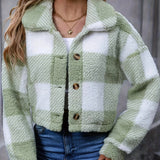 Cropped Plaid Fleece Jacket with Button Front